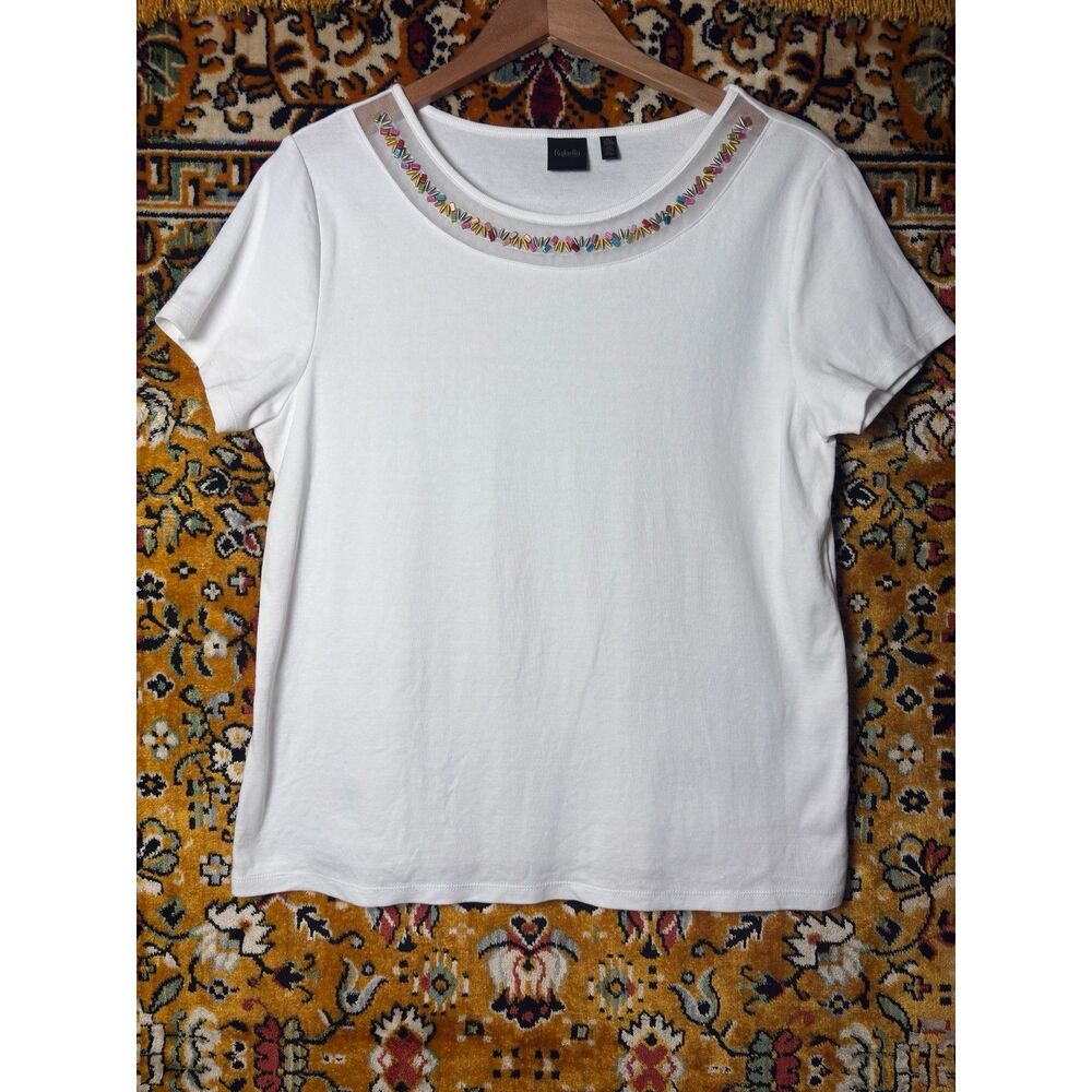 Bright White 100% Cotton Tee with Colorful Beaded Mesh Neckline Size XL